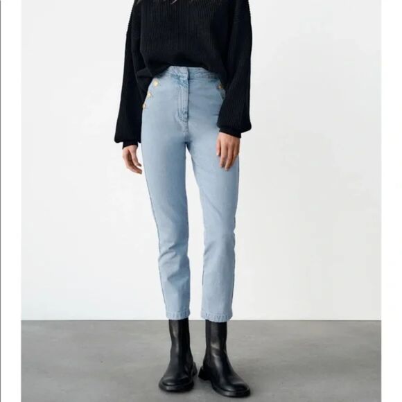 High Rise Waist Gold Button Straight Leg Jeans Denim Pants Sz Large - Picture 2 of 10